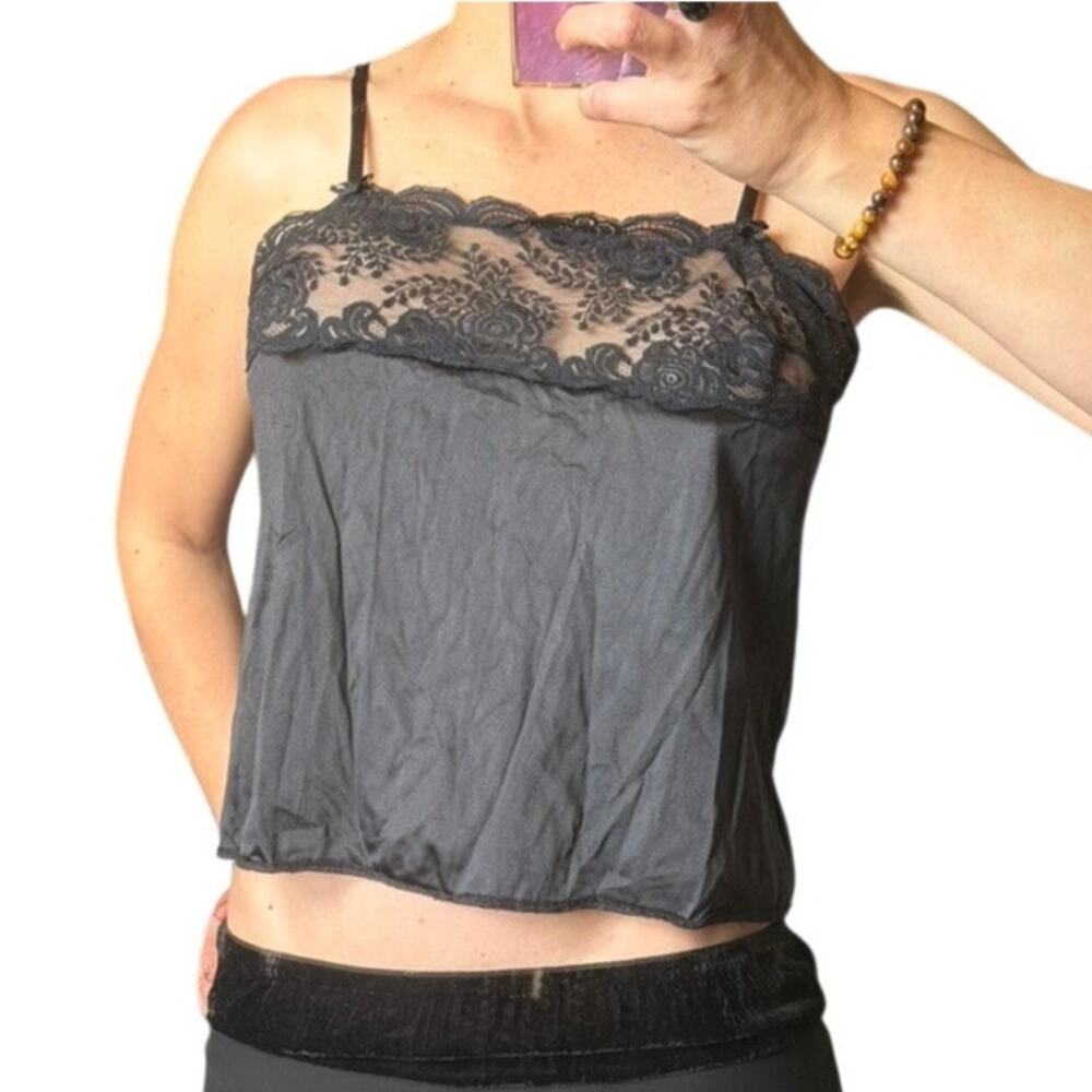 Vintage 90s Black Nylon Lace Camisole – Lingerie Core Slip Top (S/M)